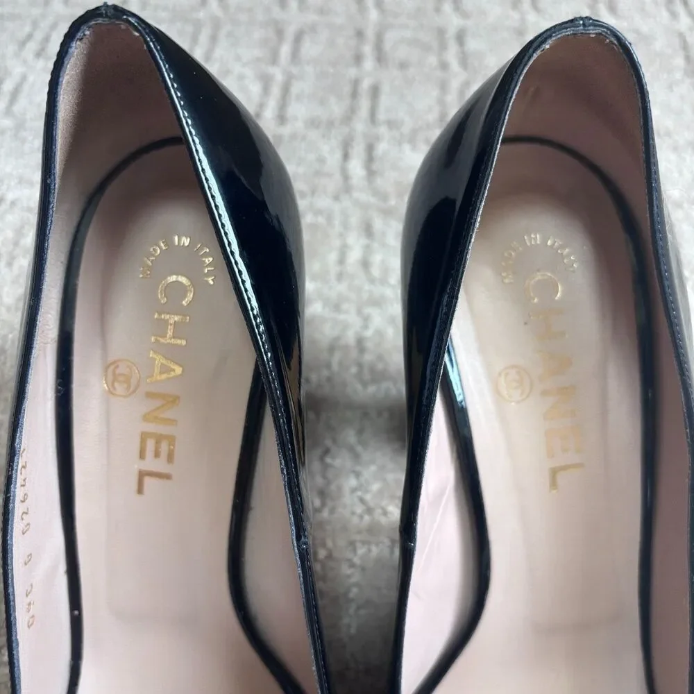 CHANEL Peep Toe Patent Leather Heels Women's EU 40 US 9-9.5 Black Open Classic